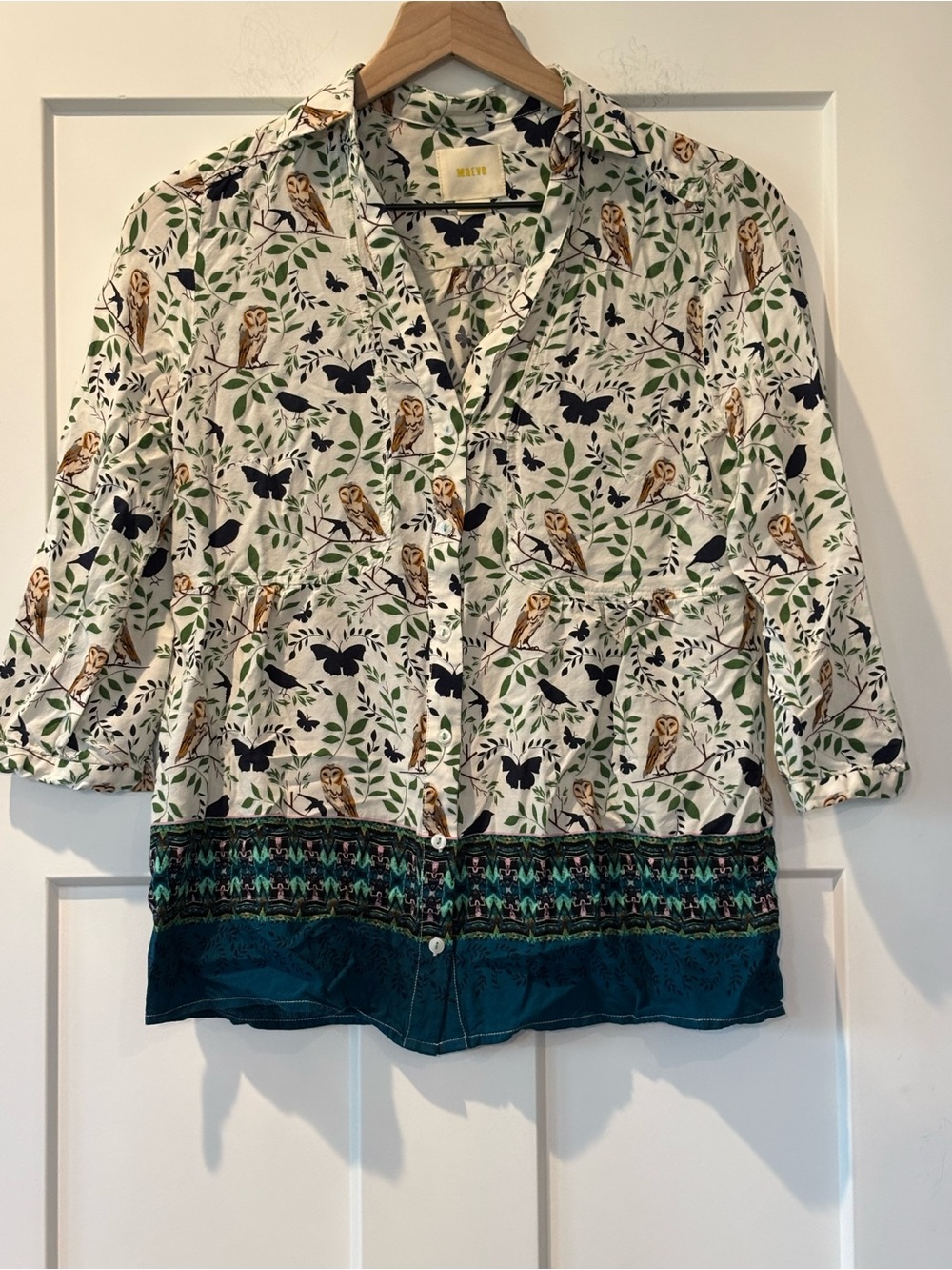 Maeve Woodland Walk Button Down Blouse Owl Butterfly Leaf Whimsical Size 4